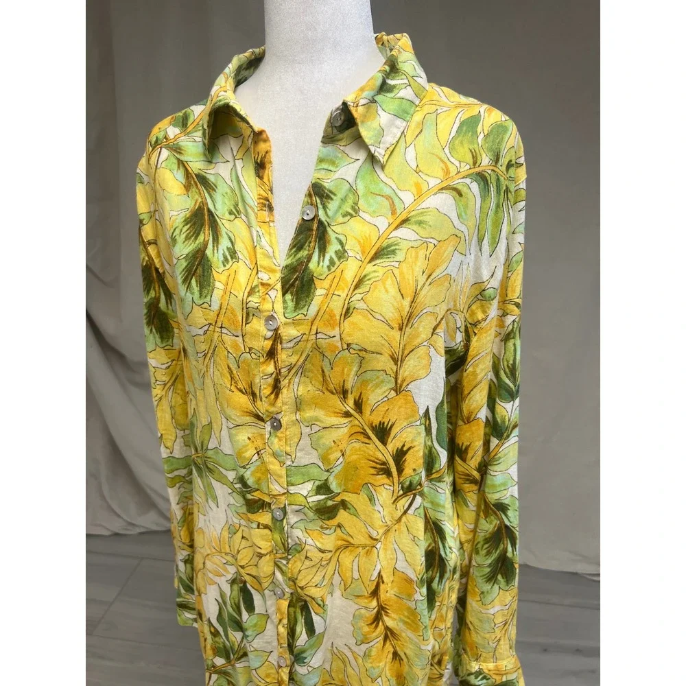 Tahari Linen Long Sleeve Shirt Dress Sz M Tropical‎ Print Coastal Boho Vacation